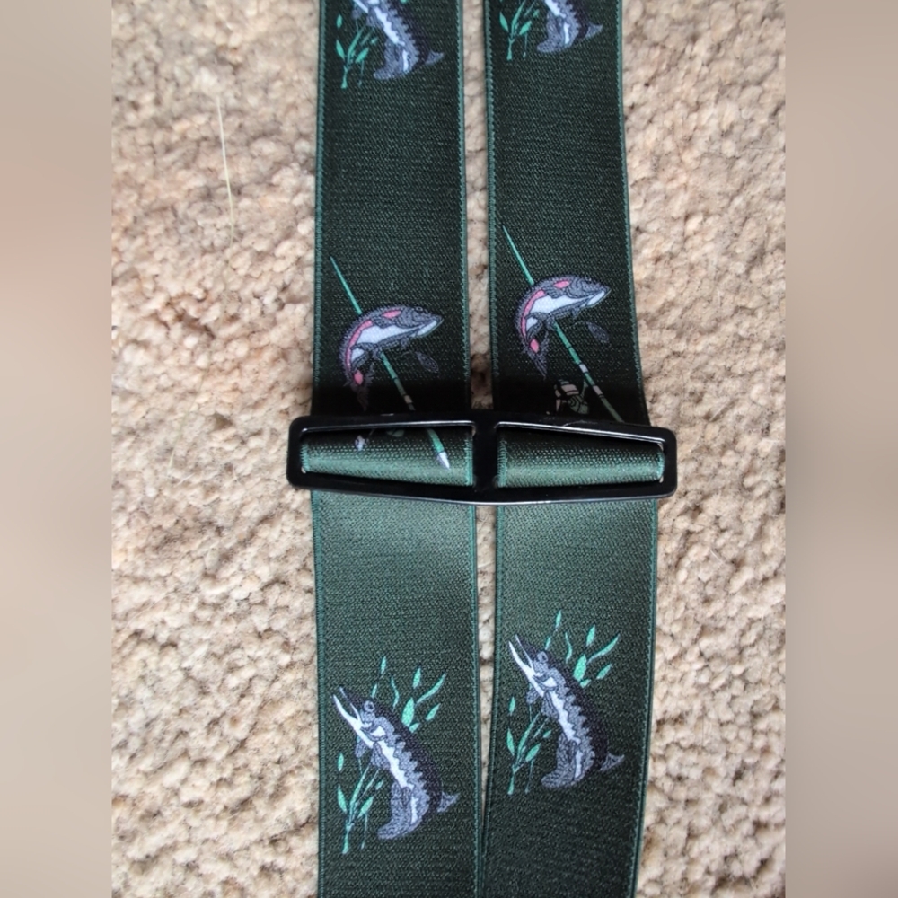 Ederer Fischer P-016 Suspenders Men's Green Fishing Logo Adjustable Clips - Picture 2 of 5